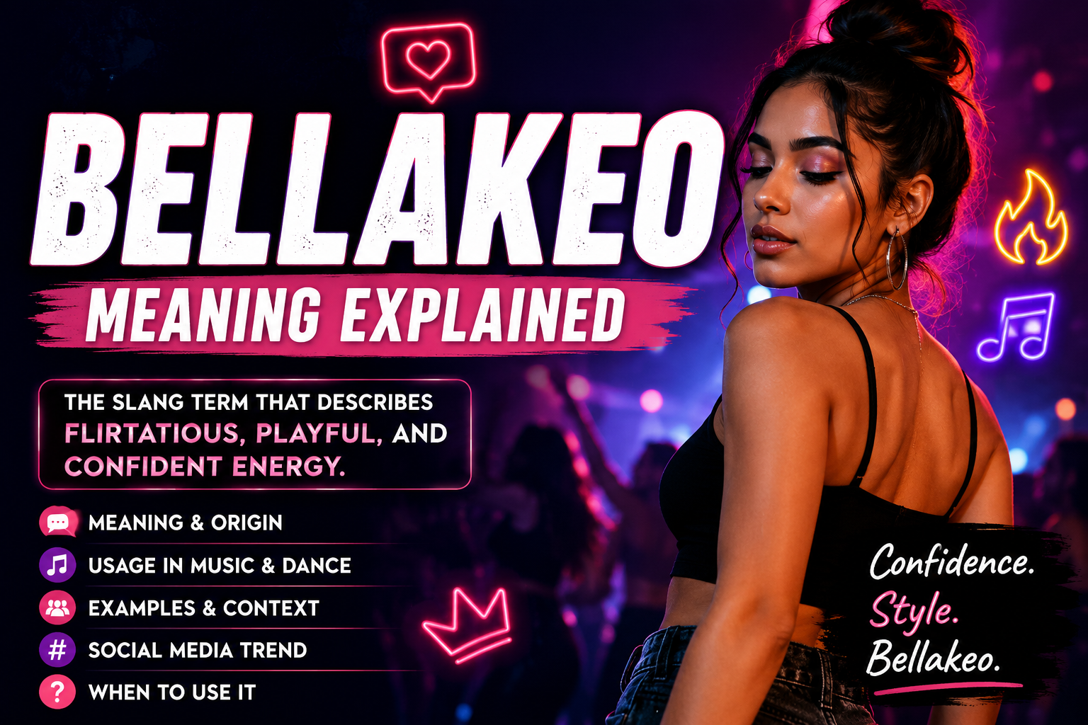 Bellakeo meaning explained with slang usage, nightlife culture, and social media trend illustration