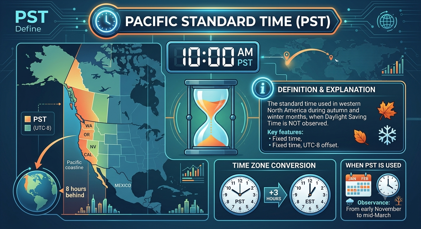 PST define meaning explained with examples of Pacific Standard Time and common online usage.
