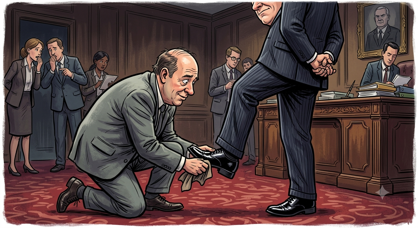 Professional workplace illustration representing the concept of bootlicking and excessive flattery.