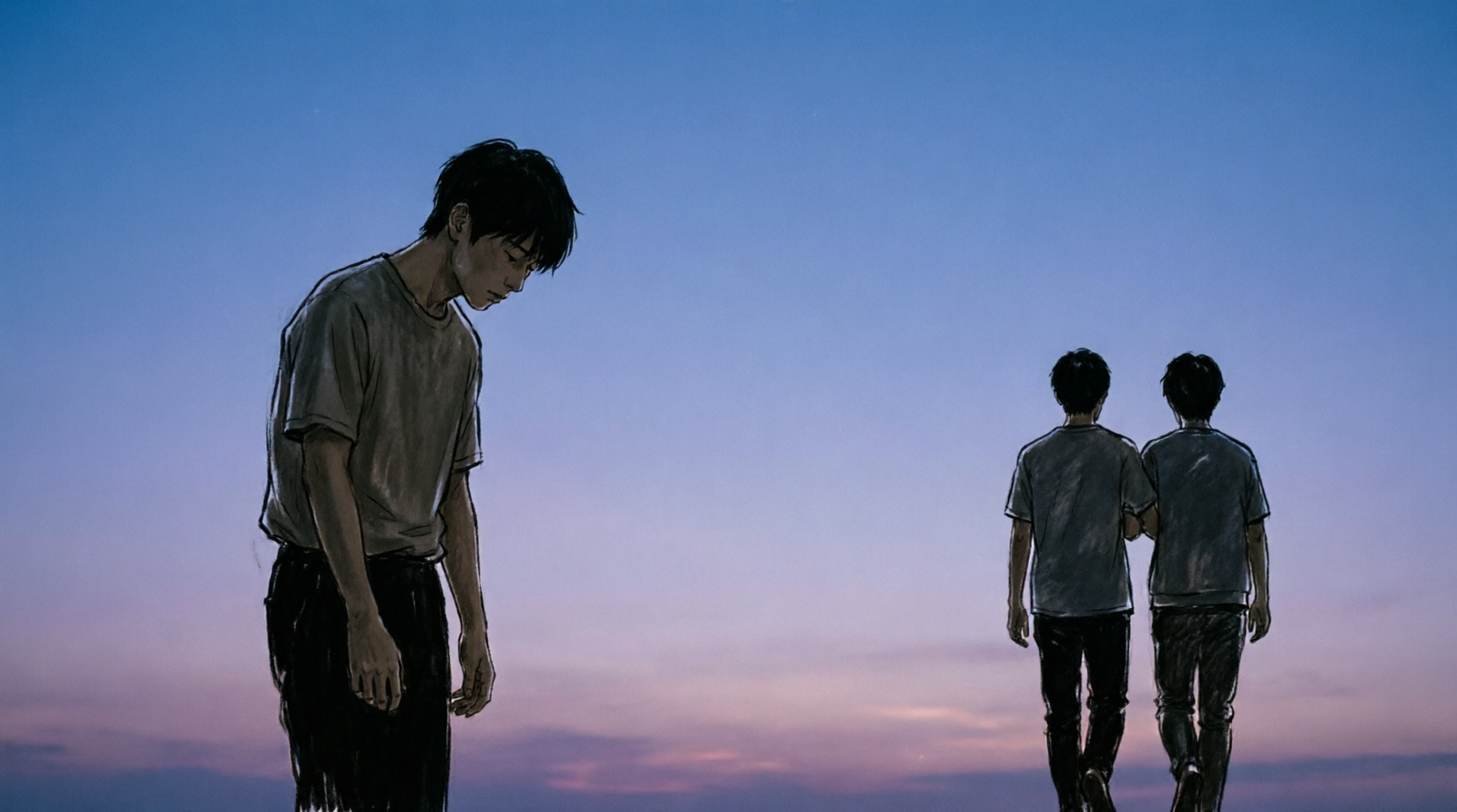 Heartbroken anime-style character representing the meaning of Netorare (NTR) with two people walking away in the background illustrating emotional betrayal in Japanese storytelling.