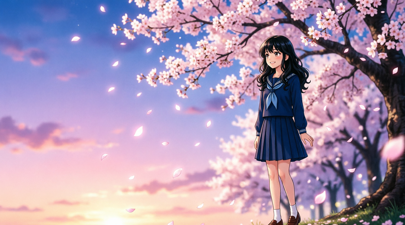 Anime-inspired illustration representing the yandere archetype with a gentle smile and subtly obsessive expression beneath cherry blossoms.