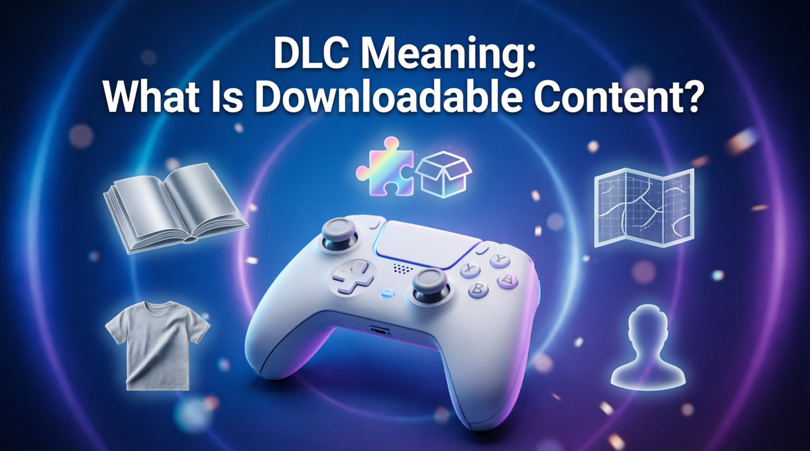 Gaming controller beside a digital game library showing downloadable content, expansion packs, and bonus game content.