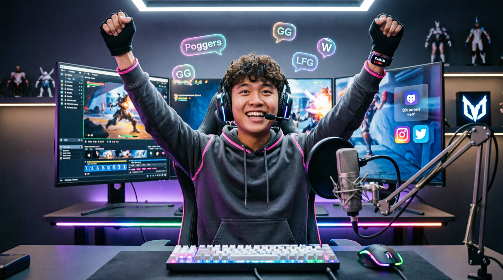 Poggers meaning illustrated with a gamer celebrating during a Twitch livestream while viewers react with Poggers in chat.