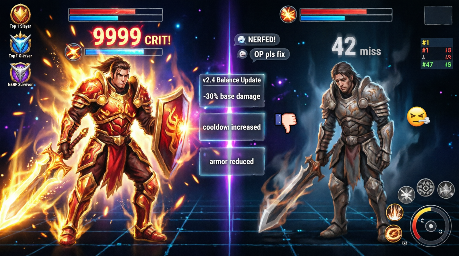 Illustration showing a game character before and after a nerf update with gaming icons and patch notes.
