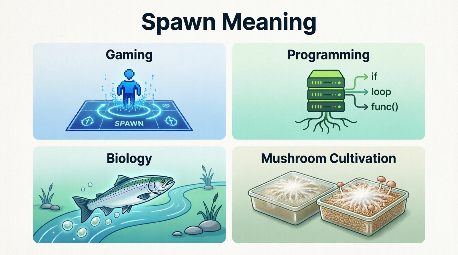 Illustration explaining the meaning of spawn in gaming, programming, biology, and everyday English with icons representing each context.