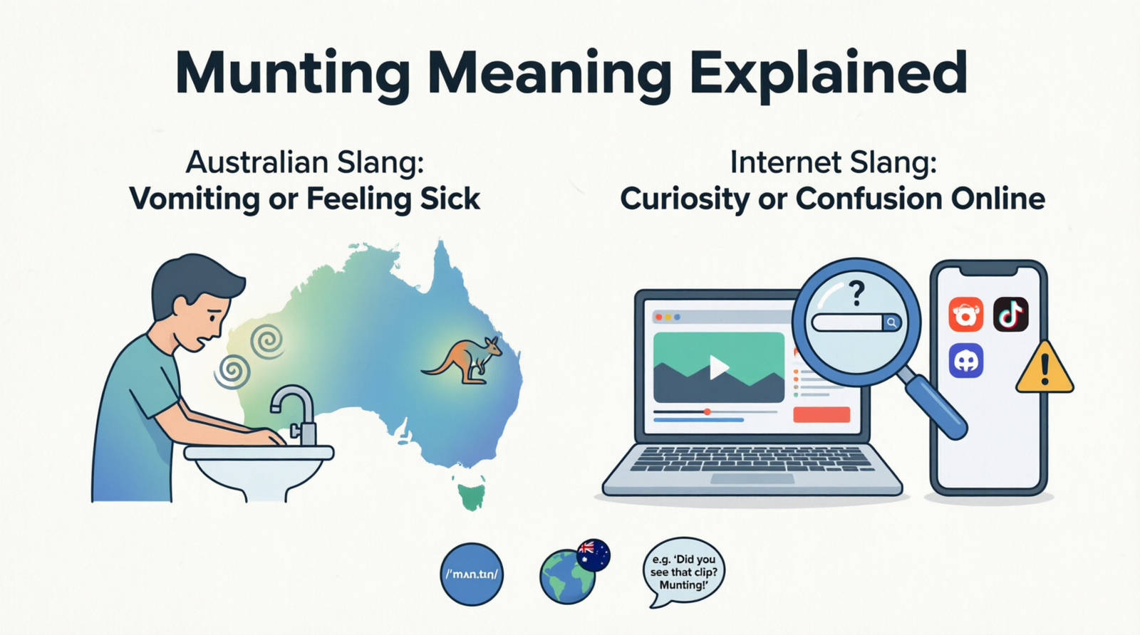 Comparison infographic explaining the Australian slang meaning of munting alongside its internet slang meaning, pronunciation, origin, and common usage examples.