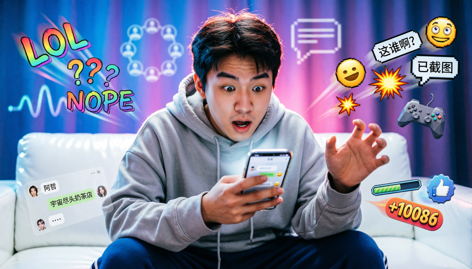 Person looking surprised while reading social media comments that unexpectedly target them, illustrating the internet slang phrase catching strays.