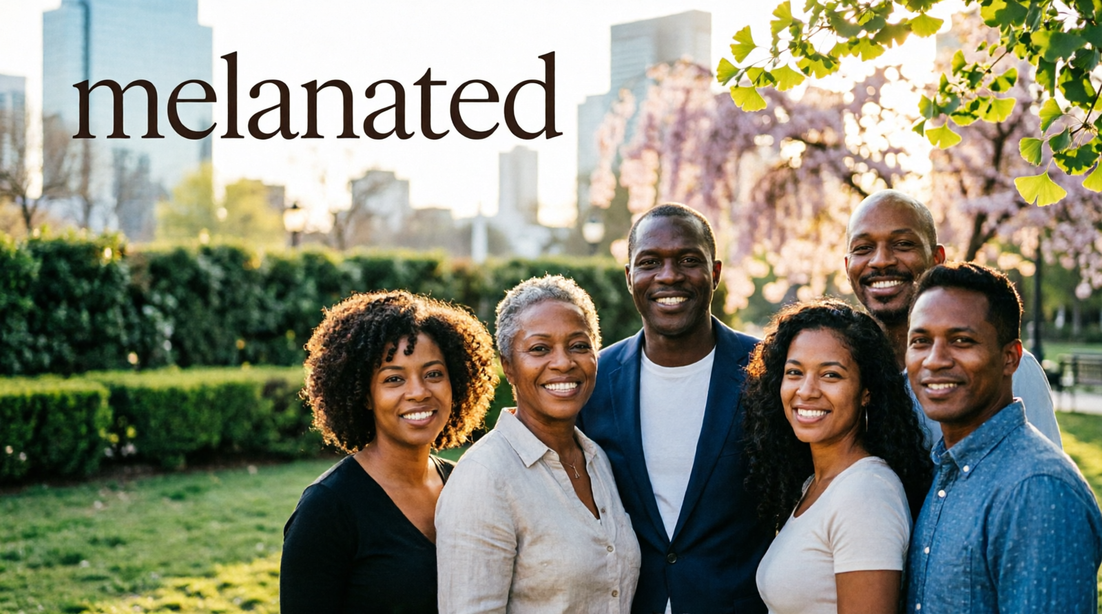 Diverse group of melanated people smiling together outdoors, celebrating identity, cultural pride, natural beauty, and representation in a warm, sunlit setting.