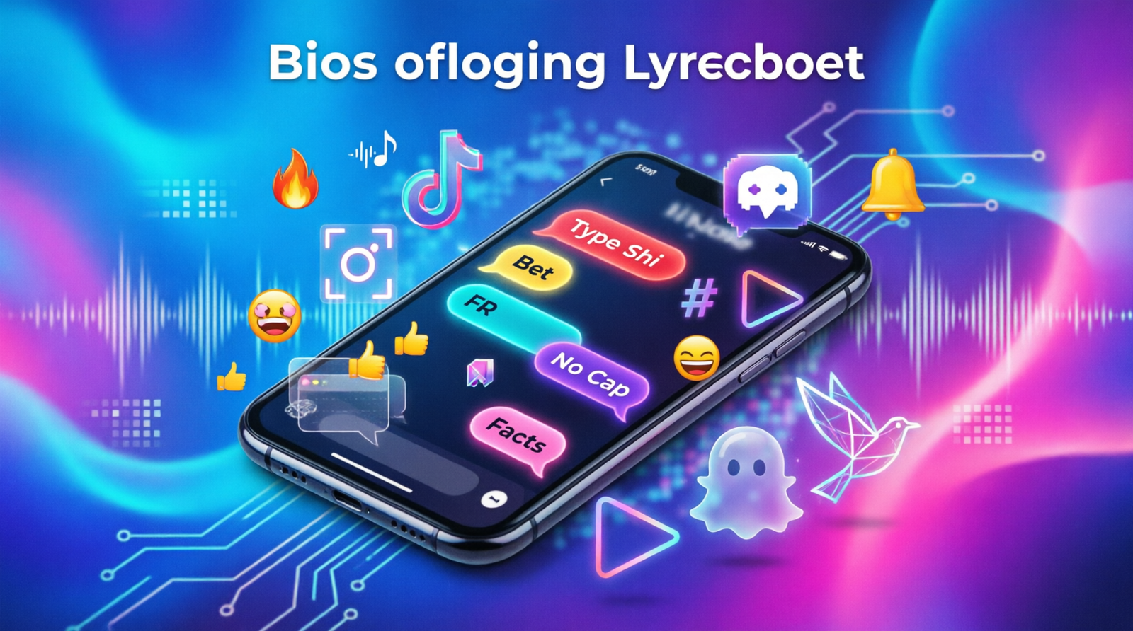 Modern digital illustration showing a smartphone with Type Shi slang in a group chat, surrounded by social media style icons, emojis, and messaging elements representing online conversations and internet culture.
