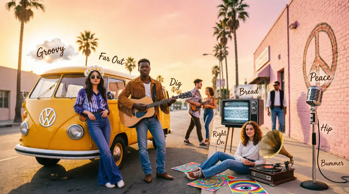 Colorful illustration of popular words from the sixties featuring 1960s slang, hippie culture, peace symbols, vinyl records, and retro fashion.