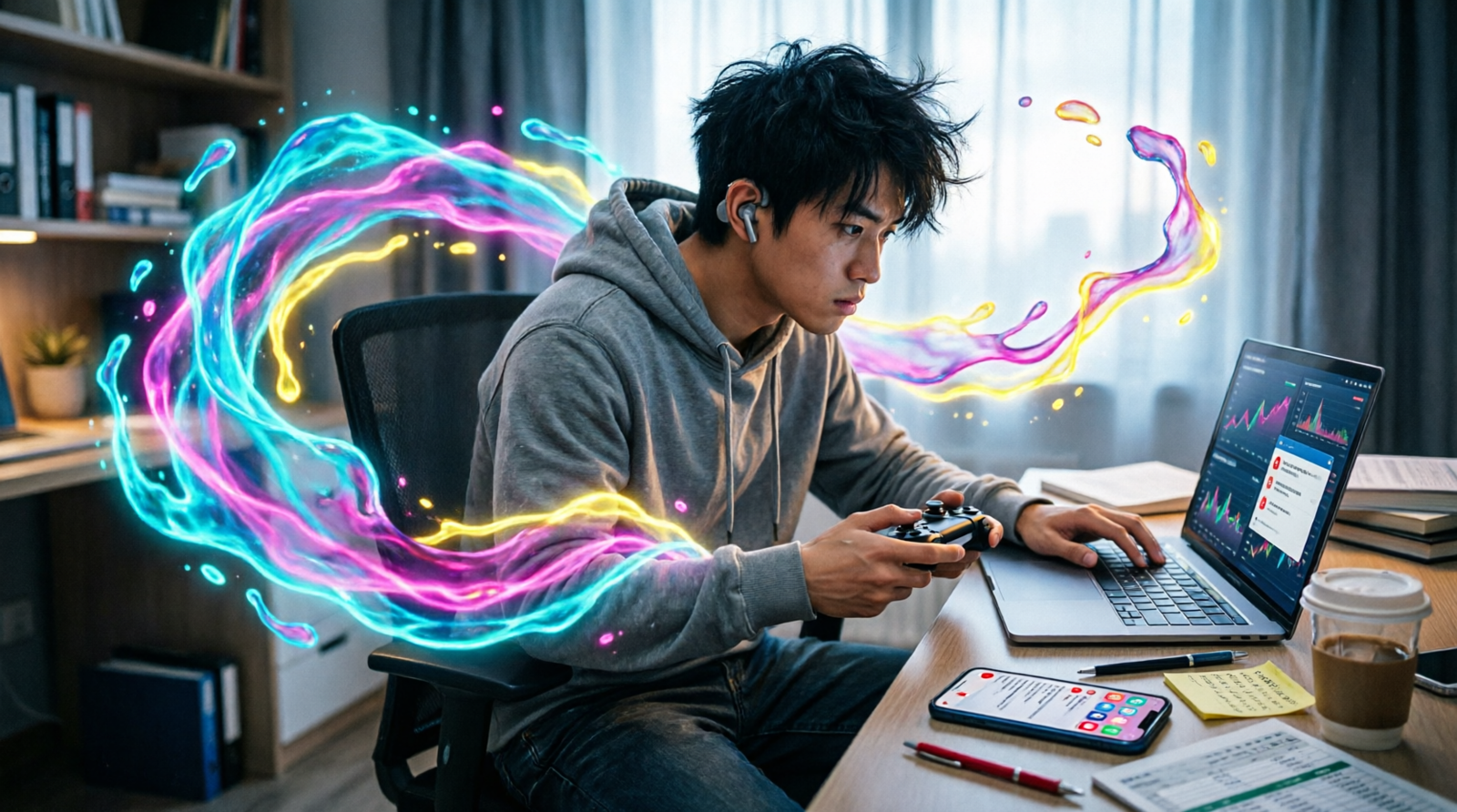 Person surrounded by social media, gaming, and work distractions illustrating the meaning of Lost in the Sauce slang.