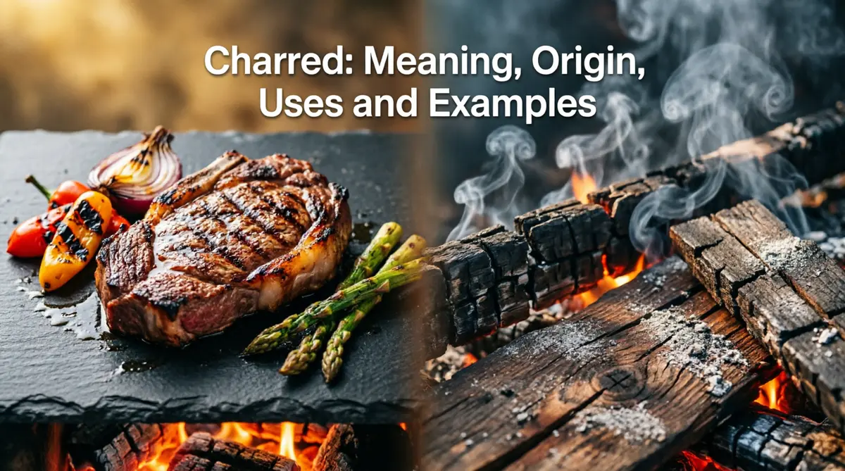 Perfectly charred vegetables and steak on a hot grill beside charred wood showing the different meanings of the word charred.