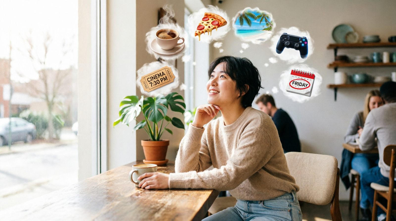 A person imagining coffee, pizza, a beach vacation, a movie, and gaming while illustrating the meaning of the slang term "jonesing."