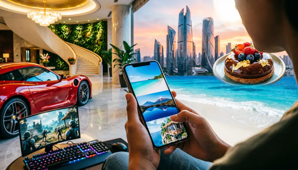 A visually appealing collage featuring a tropical beach, red sports car, luxury hotel, colorful dessert, modern city skyline, gaming setup, and smartphone displaying travel photos, representing the meaning of eye candy.