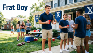 Confident college student standing outside a fraternity house with friends, illustrating the modern meaning and stereotype of a frat boy.