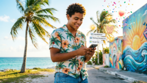 A smiling young adult using a smartphone with positive social media notifications, surrounded by Caribbean-inspired scenery and symbols of gratitude, illustrating the meaning and origin of the slang phrase bless up.