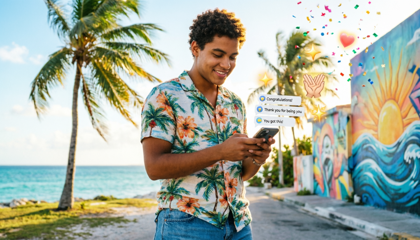 A smiling young adult using a smartphone with positive social media notifications, surrounded by Caribbean-inspired scenery and symbols of gratitude, illustrating the meaning and origin of the slang phrase bless up.