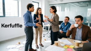 People engaged in a lively but harmless disagreement in an office, illustrating the meaning of the word kerfuffle.