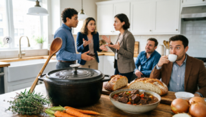 Red enameled cast-iron Dutch oven with freshly baked bread and stew on a kitchen countertop.