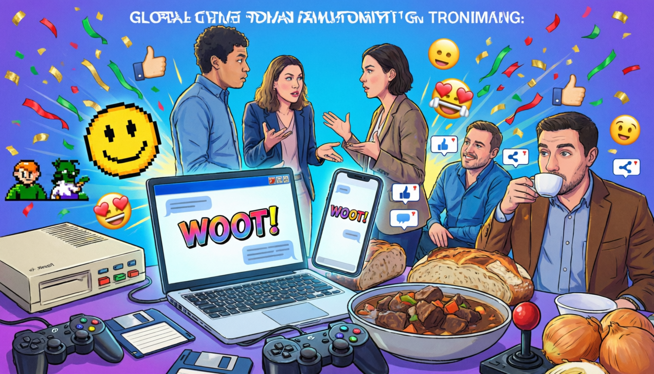 Woot meaning illustrated with internet slang, gaming, and social media celebration icons