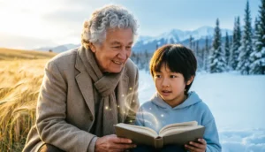 Older mentor speaking to a younger person in a summer-to-winter landscape representing the meaning of sweet summer child