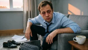 Person looking completely exhausted after a long day, illustrating the meaning of knackered.