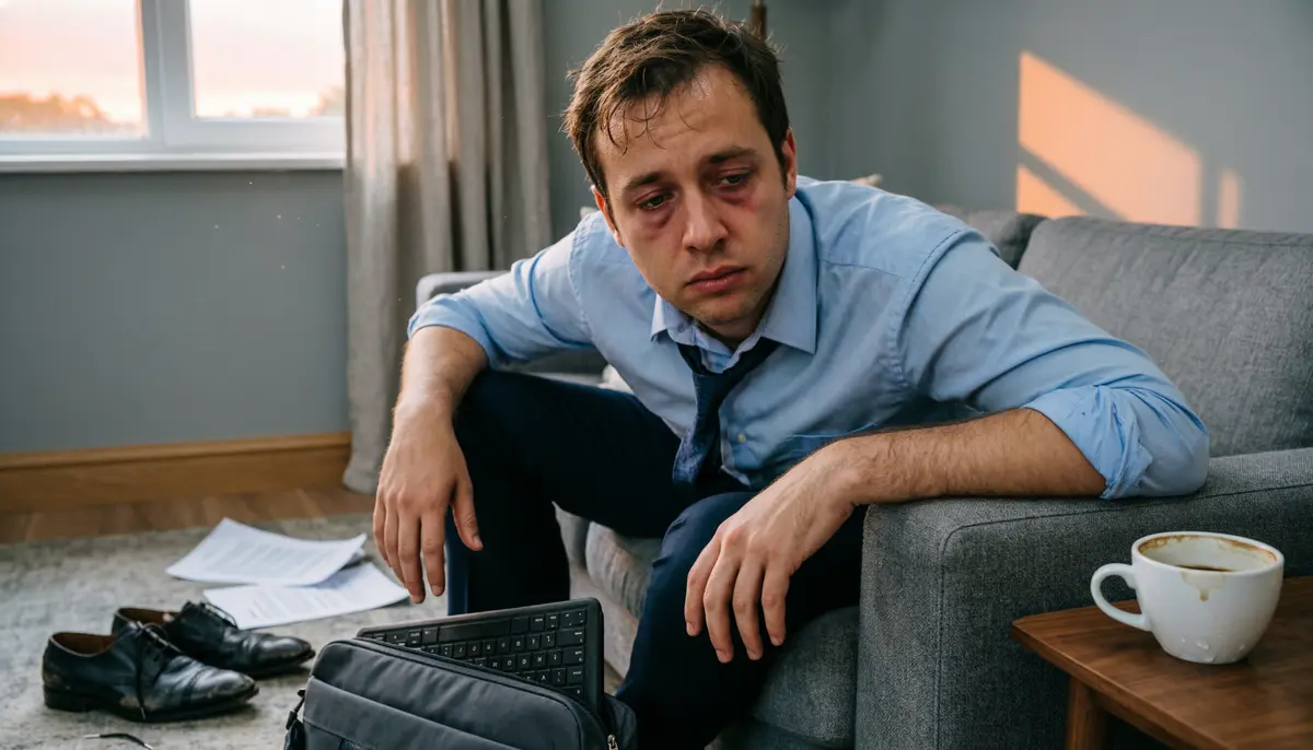 Person looking completely exhausted after a long day, illustrating the meaning of knackered.