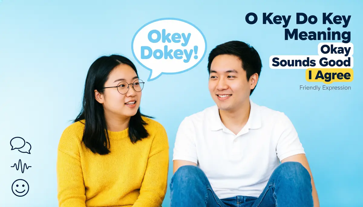 Illustration explaining the meaning of O Key Do Key and the correct spelling Okey Dokey with everyday conversation examples.
