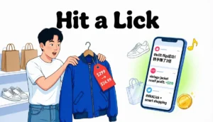 Illustration explaining the meaning of "hit a lick" in slang with examples from texting, rap, shopping, and social media.