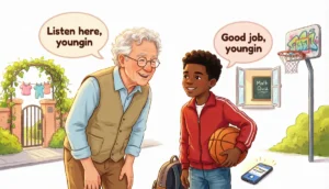 Illustration showing the meaning of the slang word youngin with examples used in everyday conversations.