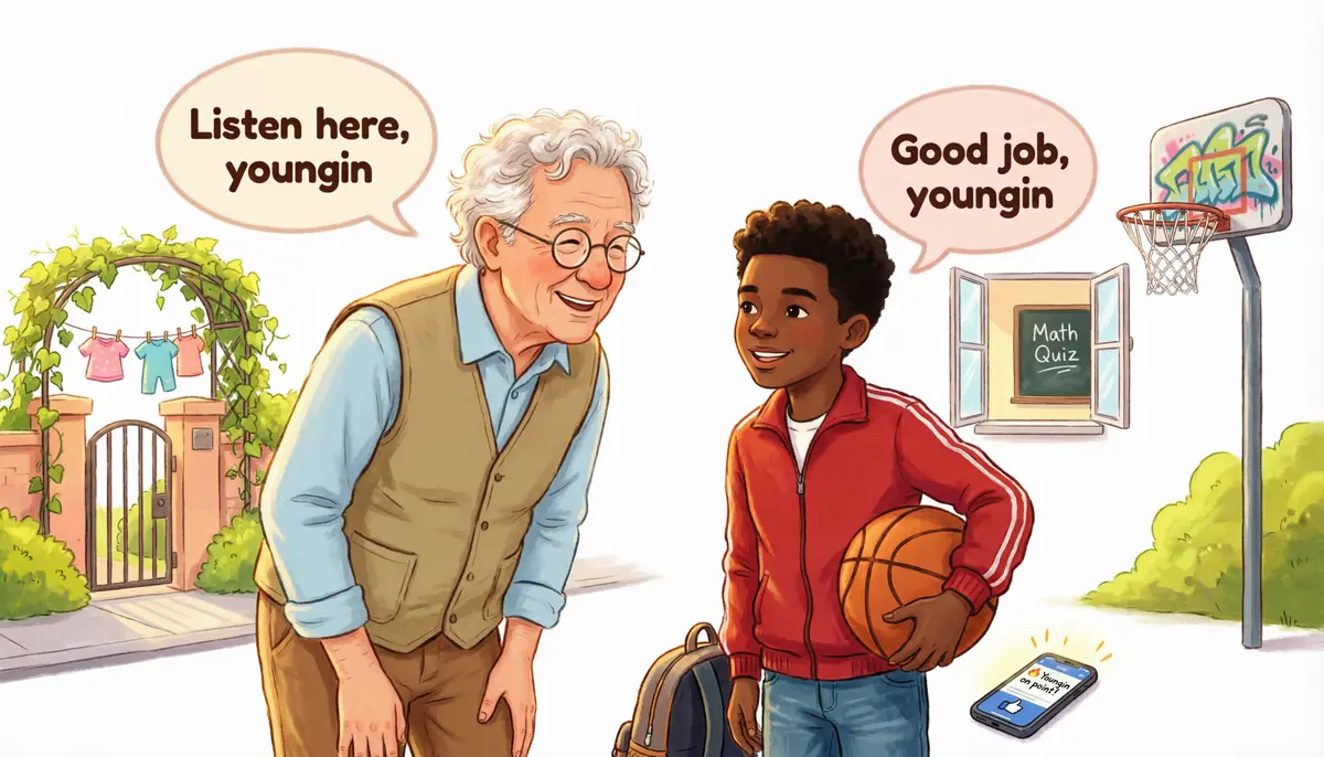 Illustration showing the meaning of the slang word youngin with examples used in everyday conversations.