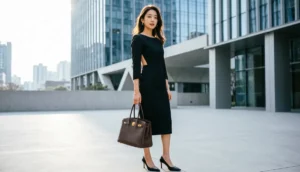 Woman wearing a classic Little Black Dress styled with elegant accessories for a modern, timeless look.