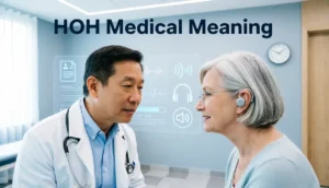 Doctor communicating face to face with a hard of hearing patient wearing hearing aids during a medical appointment.