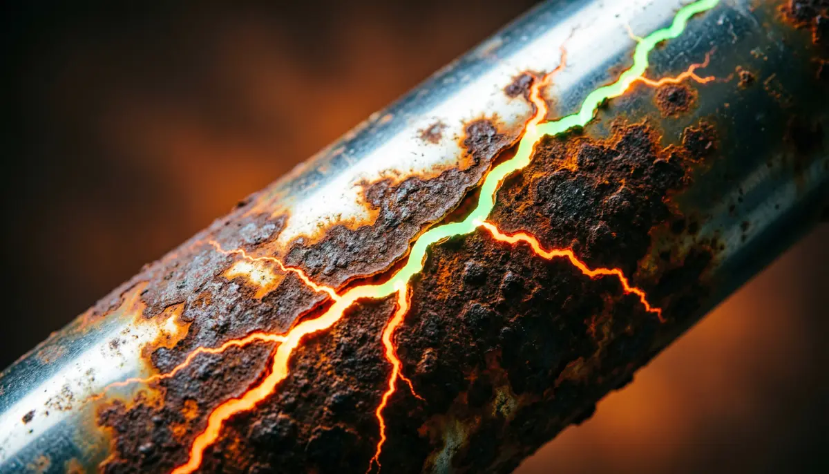 Abstract Zing Rust background featuring industrial weathered copper metal with sharp neon green and orange lightning fractures.
