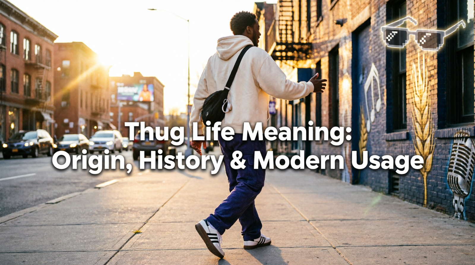 Illustration representing the meaning of thug life with modern meme culture and its historical roots in hip-hop.