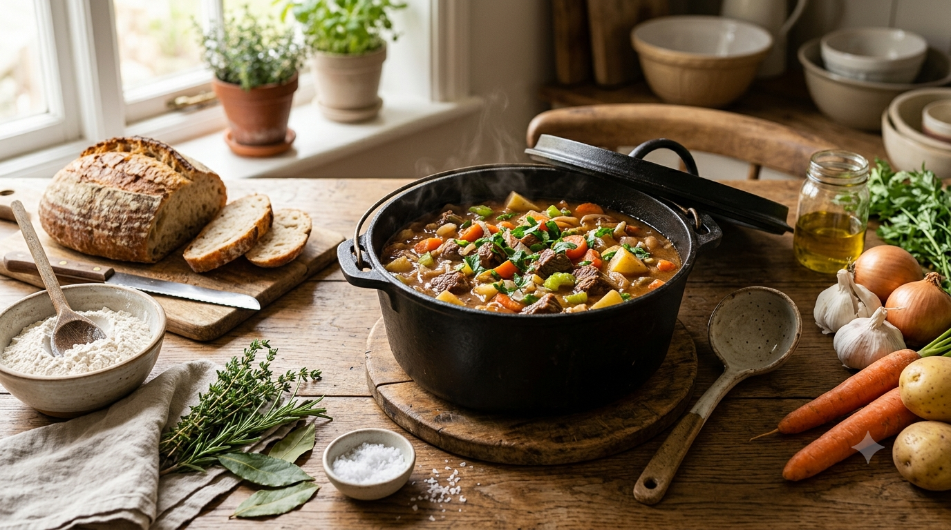 A traditional cast iron Dutch oven used for slow cooking, baking bread, roasting, and preparing homemade meals.